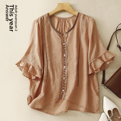 Taiteellinen retro puolihihainen toppi